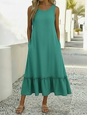 cheap Luxury Dresses-Women's Midi Dress Cotton Linen Dress Elegant Vintage Daily Vacation Loose Fit Plain Sleeveless Crew Neck Turquoise Summer