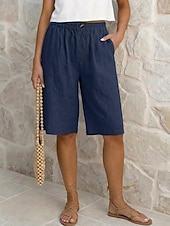 baratos Partes inferiores-Mulheres Calças com toque de linho Bermudas Calças Capri Calção Férias Moda Roupa de rua Comprimento do joelho Cintura Alta Tecido Bolsos Cintura elástica Respirabilidade Confortável Respirável Com