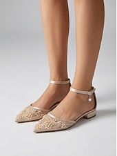 billiga Platta damskor-Women's Champagne Embroidered Ankle Strap Flats – Elegant Garden Party Dress Shoes