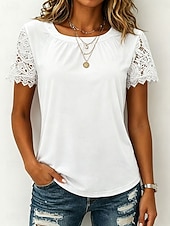 cheap Lace Tops-Women's Shirt Blouse Lace Tops Lace Plain Stylish Classic Modern Short Sleeve Crew Neck Regular Tops Daily Holiday Going out Blue Black White Pink Red Summer Spring