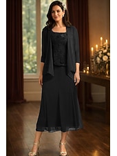 abordables Ensembles de robes pour maman-Ensembles de robes longueur thé robe de invitée de mariage robe de mère de la mariée à manches 3/4 décolleté carré élégante simple pour invité de mariage avec couleur unie