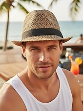 abordables Chapeaux pour hommes-Chapeau fedora bohème en paille respirante pour homme, chapeau de plage tressé pour l'été, idéal pour les vacances, les voyages, les tenues décontractées et le quotidien.
