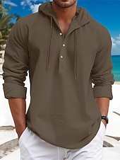 economico Vacanza-Per uomo Camicia camicia di lino Camicia in calicò Camicia estiva Abbigliamento mare Liscio Da mare Curise Bianco Blu Marrone Verde Manica lunga Con cappuccio Primavera estate Abbigliamento
