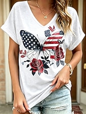 American Independence Day Women's T Shirt Print Graphic American Flag Vintage Stylish Casual Short Sleeve V Neck Regular Tops Casual Daily Weekend Blue Black White Purple Summer Spring