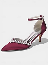 abordables Zapatos de salón de tacón bajo-Zapatos de tacón bajo de satén rosa para mujer, zapatos de salón con tira en el tobillo y punta afilada con pedrería para cócteles y bodas. &amp;eventos nocturnos