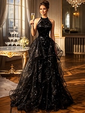 tanie Długie sukienki i suknie-Krój A Tren sweep Suknie balowe Zabytkowe Błyszczące Wróżka Bez rękawów Kantarka Gość weselny Wesele Z cekinami z Dodatki kryształowe Cekin Falbany