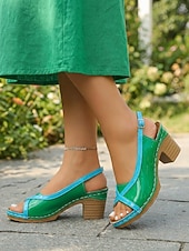 economico Sandali con tacco-Sandali da donna color block con punta aperta e cinturino posteriore e tacco a blocco – comodi sandali estivi in pelle verniciata con tacco, ideali per vacanze, feste in giardino, viaggi e per l'uso