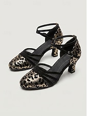 economico Scarpe da ballo di sala e danza moderna-Scarpe da ballo da sala da donna con stampa leopardata – tacco standard a punta tonda con cinturino alla caviglia, per allenamento professionale &amp; prestazione