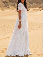 levne Bílé krajkové šaty-Dámské Maxi šaty Boho šaty Krajkové šaty Bílé šaty Letní šaty Elegantní Módní Plážové Dovolená Běžný Bez vzoru Krátký rukáv Do V Bílá Léto Jaro