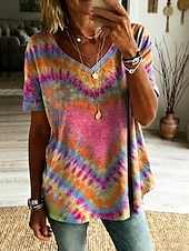 baratos T-shirt Boho-Mulheres Camiseta Imprimir Floral Gráfico Plantas Vintage à moda Clássico Manga Curta Decote V Tops longos Diário Final de semana Azul Laranja + Verde Branco Amarelo Rosa Verão Primavera