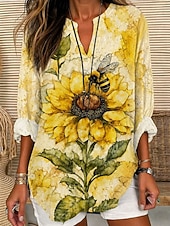 abordables Blusas Florales-Mujer Camisa camisa boho Blusa Estampado Floral Graphic Vintage Diario Elegante Manga Larga Escote en Pico Tops largos Casual Diario Festivos Negro Verde Trébol Beige Verano Primavera