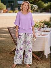  Жен. Комплекты брюк Рукав до локтя Бабочка Круглый вырез Цветочный принт Графика Элегантный стиль Отпуск Повседневные Отпуск Свадебный гость Синий Розовый Лиловый Весна лето Стандартный