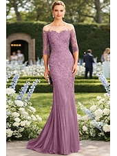 tanie Suknie wieczorowe syrenki-Syrena Tren sweep Suknia Suknia wieczorowa Sukienka dla matki panny młodej Rękaw 1/2 Łódeczka Elegancja Formalny Gość weselny Koronka Tiul z Haft nakładany