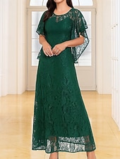billige Gulvlengde-A-Linje Gulvlengde Bryllupsgjestkjole Formelle Kjoler Kveldsdrakt Mor til bruden Kjole Kortermet Rundhals Elegant Vintage Fest Blonde med Blonde