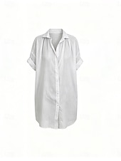 Недорогие Роскошные рубашки-Жен. Рубашка Смешанная хлопковая ткань Бохо Рубашка Застегните кнопку вверх Полотняное плетение На каждый день Пляжный стиль С короткими рукавами Рубашечный воротник Обычные топы