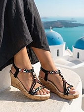 preiswerte Keilsandalen-Aprikosenfarbene, bohemische Keilsandalen für Damen – elegante, perlenbesetzte Espadrilles mit T-Riemen und farbenfrohen Flechtdetails für Inselurlaube und Strandhochzeiten &amp;Sommer-Resortbekleidung