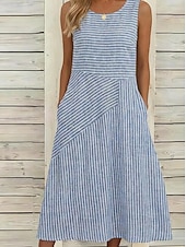  Damen Midikleid Freizeitkleid Gestreiftes Kleid A Linie Kleid Elegant Mode Täglich Urlaub Normale Passform Gestreift Ärmellos Rundhalsausschnitt Blau Schwarz Khaki Sommer Frühling