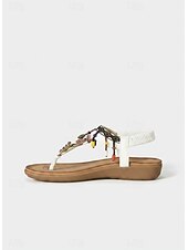 preiswerte Flache Sandalen-Braune Damen-Sandalen im Boho-Stil mit T-Riemen und bunten Perlenanhängern – Vintage-Ethno-Stil, bequeme flache Schuhe für Strandurlaube und Sommerresorts