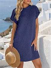 cheap Plain Dress-Women's Mini Dress Casual Dress T Shirt Dress Tee Dress Summer Dress Basic Classic Daily Vacation Loose Fit Plain Short Sleeve Crew Neck Black Light Green Pink Navy Blue Summer Spring