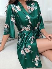 preiswerte Bademäntel für Damen-Damen Freizeitkleidung Robe Nachthemd Mode Lässig Blumen Grafik Satin-Seidenpyjamas Patchwork Kleid Urlaub Straße Date Langarm Rundhalsausschnitt Grün Sommer Frühling Normale Passform