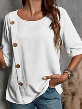 preiswerte Hemden-Damen Bluse Hemd aus Leinenimitat Knöpfe Einfarbig Stilvoll Basic Lässig Halbarm Rundhalsausschnitt Normale Oberteile Täglich Blau Schwarz Weiß Armeegrün Rote Sommer Frühling Herbst
