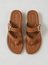 baratos Sandálias Confortáveis-Sandálias femininas marrons de dedo com fivela ajustável – chinelos confortáveis com amortecimento, rasteirinhas de verão respiráveis de bico aberto para praia, férias e viagens. &amp;uso diário