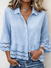 economico Bluse Semplici-Per donna Blusa Bottoni Bordo in pizzo Tinta unica Elegante Vacanza Casual Manica 3/4 Colletto a Camicia Top Regolari Quotidiano Blu Bianco Estate Primavera Autunno