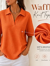 preiswerte Einfarbiges T-Shirt-Damen T Shirt Poloshirts T-Shirt Waffelstricktops Einfach Mode Stilvoll Basic Kurzarm Hemdkragen Normale Oberteile Täglich Ausgehen Wochenende Blau Schwarz Weiß Orange Grün Sommer Frühling