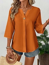 abordables Camisas-Mujer Camisa Blusa Remera de algodón Botones Plano Elegante Clásico Moderno Manga 3/4 Escote en Pico Tops regulares Diario Festivos Noche Negro Blanco Naranja Verano Primavera