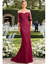 tanie Suknie wieczorowe syrenki-Syrena Tren sweep Suknia Suknia wieczorowa Sukienka dla matki panny młodej Rękaw 1/2 Łódeczka Elegancja Formalny Gość weselny Koronka Tiul z Haft nakładany