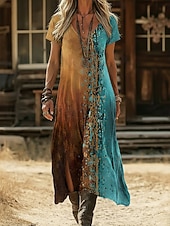  Жен. Длинное платье Платье в стиле бохо Повседневное платье Платье A-силуэта Платье с принтом Винтаж на открытом воздухе Отпуск выходные Стандартный Омбре Графика С короткими рукавами V-образный вырез