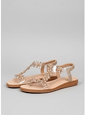 billige Flate sandaler-Damesandaler med blomstermønster og strass – komfortable, avslappede sommersko med t-stropp for hverdagsbruk og romantiske dater på dagtid