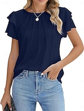 voordelige Effen t-shirt-Dames T-shirt Met ruches Effen Elegant Modieus Stijlvol Korte mouw Strakke ronde hals Normale tops Dagelijks Uitgaan Weekend Zwart Wit Marineblauw Groen Abrikoos Zomer Lente