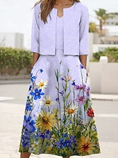  Per donna Insieme del vestito Abito Midi Abito a trapezio Elegante Casual Floreale Grafico Stratificato Stampato Abito Midi Mezza Manica Scollo a V Quotidiano Blu Giallo Rosa Estate Primavera