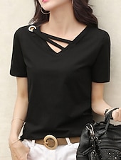 tanie gładka koszulka-Damskie Podkoszulek Koszulka Przekrój krzyżowy z otworem Równina Moda Elegancki Klasyczny Krótki rękaw W serek Zwykłe topy Codzienny Wyjściowe Weekend Czarny Biały Żółty Rumiany róż Zielony Lato