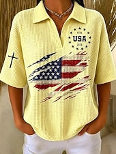  American Independence Day Women's Waffle T-shirt Textured Knit Tops Graphic American Flag Elegant Vintage Stylish Half Sleeve Polo Collar Regular Tops Casual Daily White Yellow Red Green Gray Summer