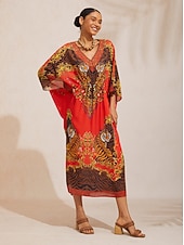 お買い得  プリントカジュアルドレス-スカーレットティグレス フラウィーシフォン シャーリングカフタン