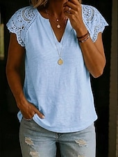 cheap Plain tee-Women's Blouse Solid Color Vintage Stylish Basic Short Sleeve V Neck Regular Tops Daily Blue Black White Yellow Pink Summer Spring