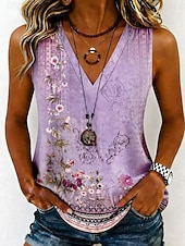abordables Tanque Gráfico-Mujer Camiseta sin mangas Estampado Floral Graphic Plantas Elegante Sin Mangas Escote en Pico Tops regulares Casual Azul Piscina Verde Claro Rosa Púrpula Claro Morado Verano Primavera
