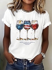 abordables Día de la Independencia Top-día de la independencia americana Mujer Camiseta Estampado Graphic Bandera Copa de vino Elegante Clásico Casual Manga Corta Cuello Barco Tops regulares Diario Azul Piscina Blanco Amarillo Rojo Negro