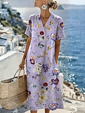 economico Abiti floreali-Per donna Abito Midi Abito a Tubino Vestito Estivo Vacanza Casual Spiaggia Vestibilità regolare Floreale Grafico Manica Corta Scollo a V Blu Bianco Rosa Viola Estate Primavera