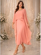 cheap Mom's Dress Sets-Two Piece A-Line Tea Length Wedding Guest Dress Mother of the Bride Dress 3/4 Length Sleeve Jewel Neck Elegant Vintage Wedding Party Chiffon with Beading