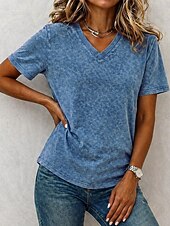  T-shirt femme en coton délavé à l'acide, style vintage, manches courtes, col V, coupe classique, décontracté, idéal pour le quotidien et les sorties, bleu violet / bleu noir violet orange été