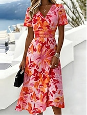  Per donna Abito Midi Abito a Tubino Vacanza Casual Boho Quotidiano Abito Estivo Abito Primaverile Vestibilità regolare Floreale Grafico Manica Corta Scollo a V Blu Giallo Rosa La luce rossa Estate