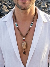 abordables Accessoires de vacances-Collier pour homme en perles de bois naturel avec pendentif totem tibétain, bijou long à chaîne de style bohème ethnique, idéal pour la méditation, le yoga, les rassemblements spirituels et les tenues