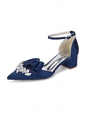 cheap Mother of Bride/Groom-Women's Sophisticated Navy Blue Satin Block Heel Shoes with Bow and Crystal Brooch for Mother of the Bride