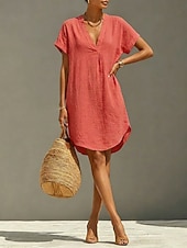 economico Vestiti-Per donna Abito al ginocchio Abiti di lino Vintage Quotidiano Taglia piccola Semplice Manica Corta Scollo a V Cachi Rosso Arancione Estate