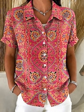 ieftine Bluze Art&amp;Design-Pentru femei Cămașă Nasturi Imprimeu Grafic Geometric Epocă Zilnic Stilat Manșon scurt Guler Cămașă Topuri obișnuite Casual Zilnic Albastru piscină Roșu-aprins Vară Primăvară