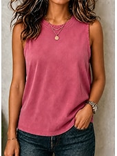 economico T-shirt semplice-softfade™ canotta da donna elegante vintage lavata 100% cotone senza maniche girocollo plissettata blu nero viola chiaro estate primavera
