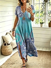  Women's Midi Dress A Line Dress Casual Loose Fit Floral Abstract Short Sleeve V Neck Blue Yellow Pink Dusty Blue Summer Spring